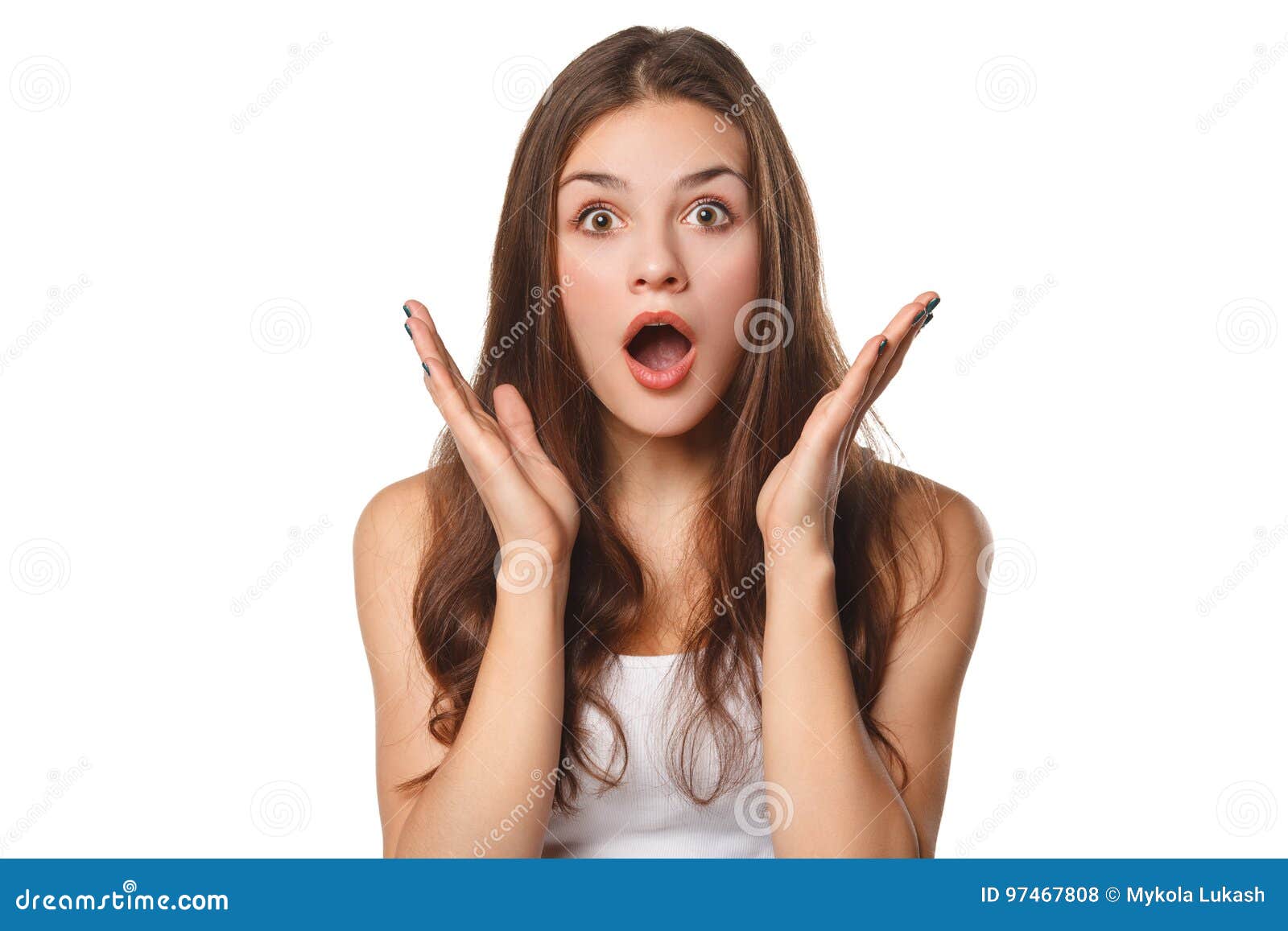 surprised happy beautiful woman looking sideways in excitement,  on white background