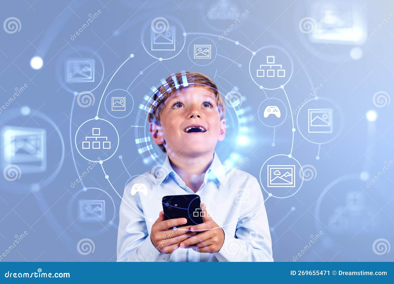 surprised kid with smartphone in hand, marketplace and nft holog