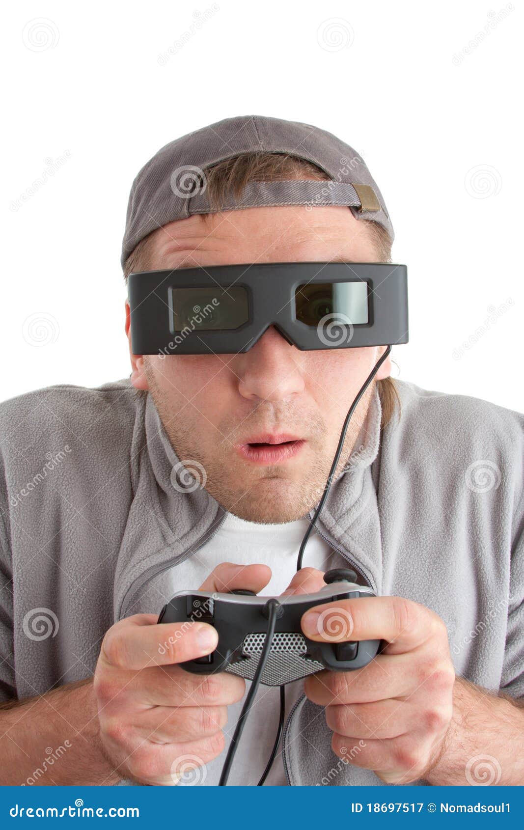 Gamer using vr glasses and controller to play video games. Man with virtual  reality goggles holding joystick in front of computer, playing online game.  Player having fun with games Stock Photo 