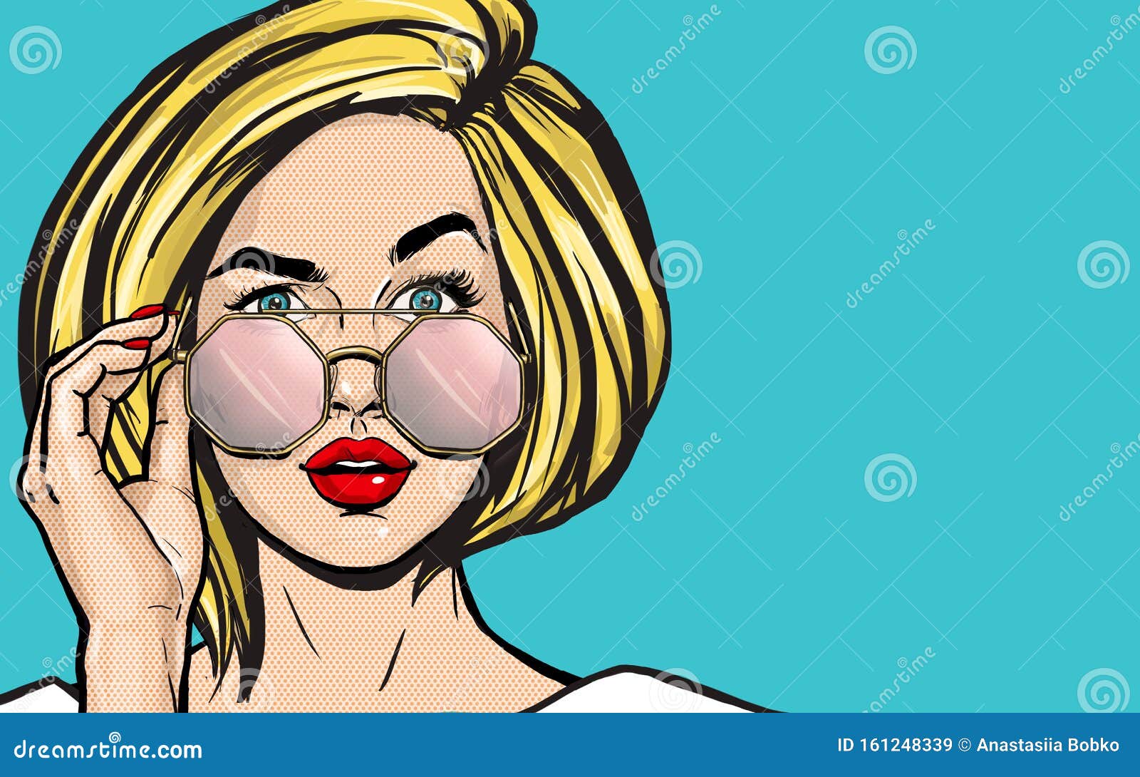 surprised pop art woman in glasses. thinking blonde young sexy girl with open mouth. expressive facial expressions. wow face.