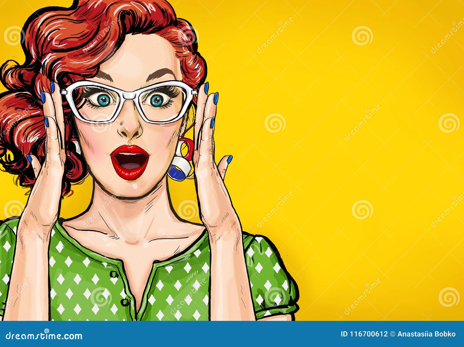surprised pop art woman in hipster glasses. advertising poster or party invitation with club girl with open mouth