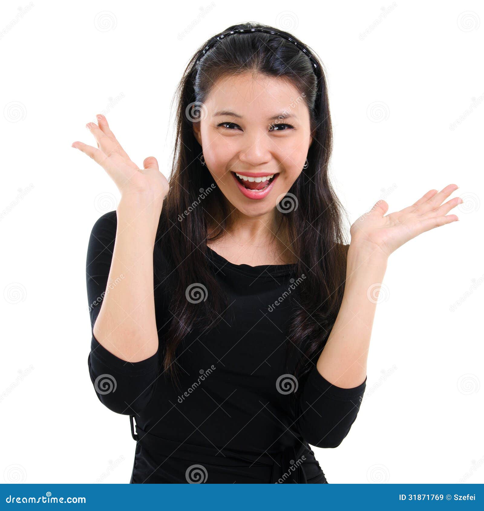 Surprised woman. Businesswoman smiling with open mouth and open palms isolated on white background. Beautiful mixed race Caucasian Southeast Asian woman model.