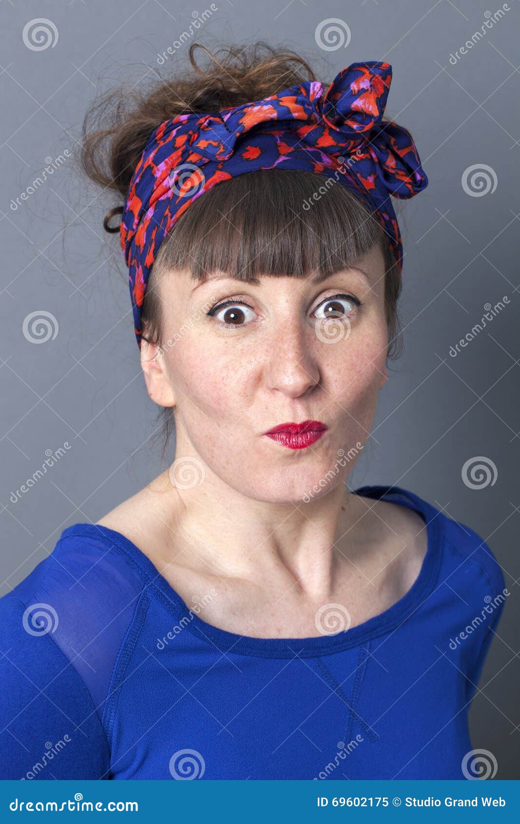 Retro and vintage style. Old fashion. Portrait of lovely pretty young women  in pin up hairstyle with red handkerchief on head. - Stock Image -  Everypixel
