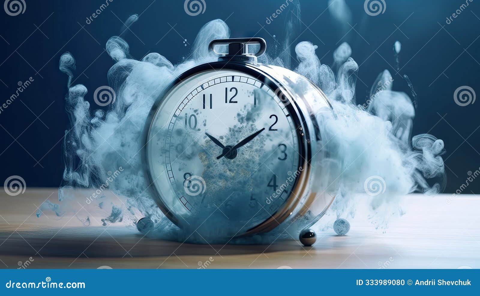 surreal dissolving alarm clock on wooden table in a misty, dreamy setting