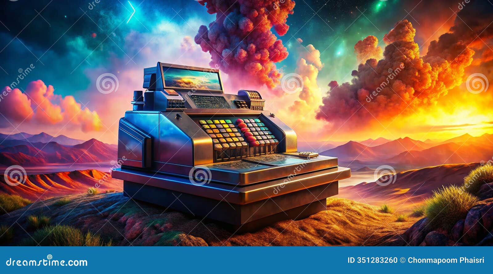 a surreal exploration of modern retail a futuristic cash register dreamlike pos system and abstract digital currency