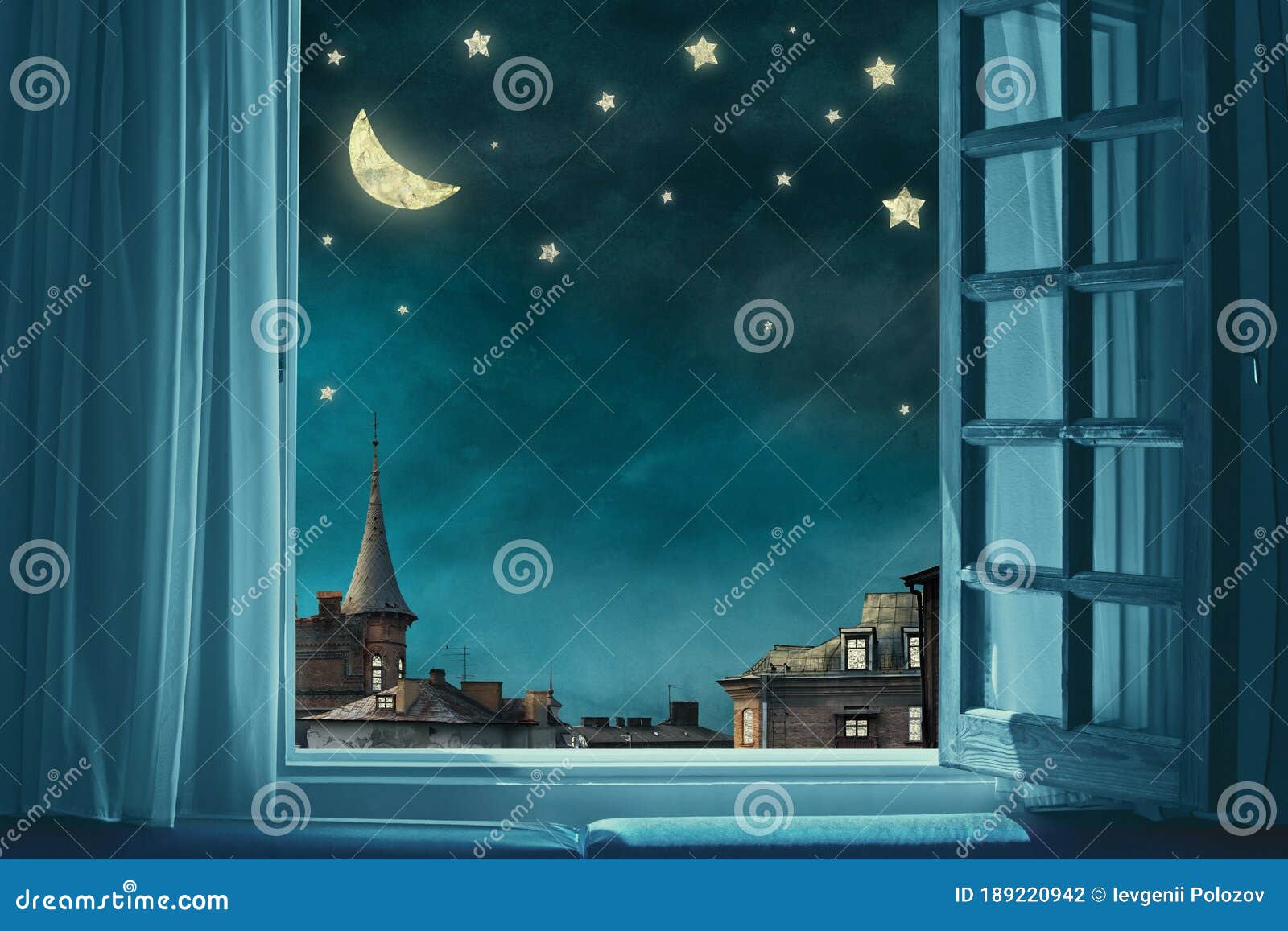 surreal fairy tale art background, view from room with open window, night sky with moon and stars