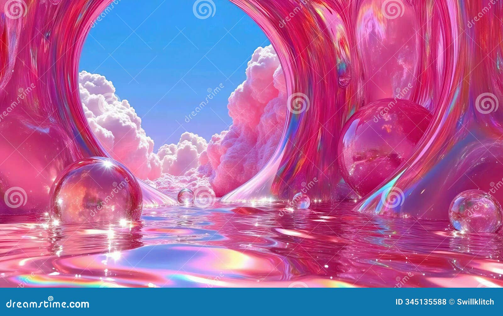 surreal fantasy 3d landscape with pink iridescent bubble gum of candy s, reflecting in a glossy, liquid surface