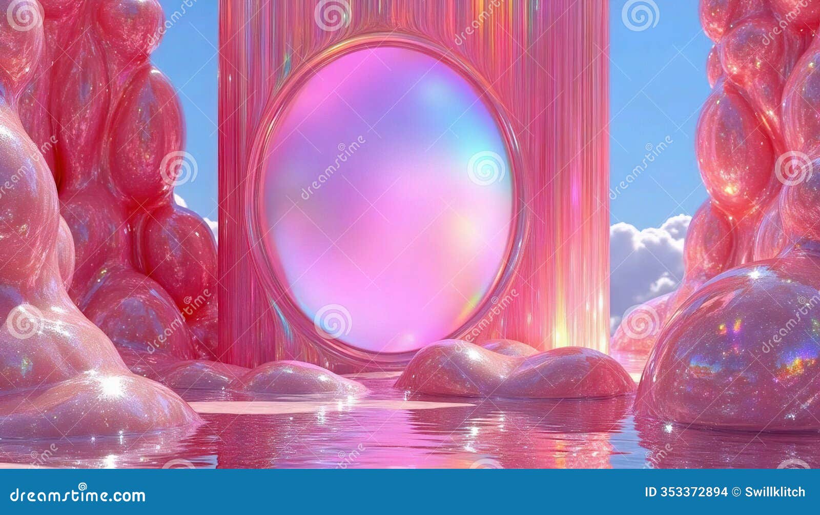 surreal fantasy 3d landscape with pink iridescent bubble gum of candy s, reflecting in a glossy, liquid surface