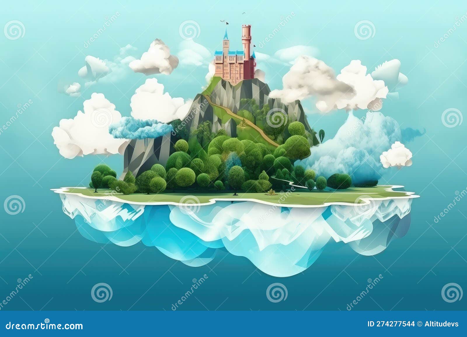 Surreal Float Island with Castle in the Clouds and Magical Waterfall