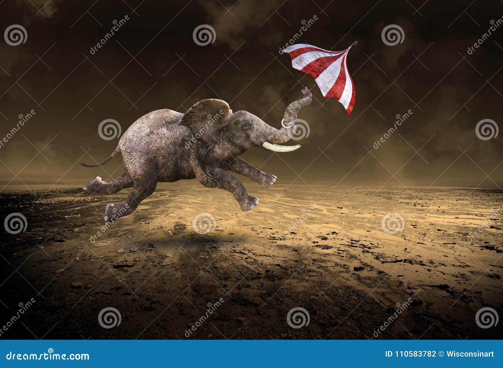 surreal flying elephant, desolate desert