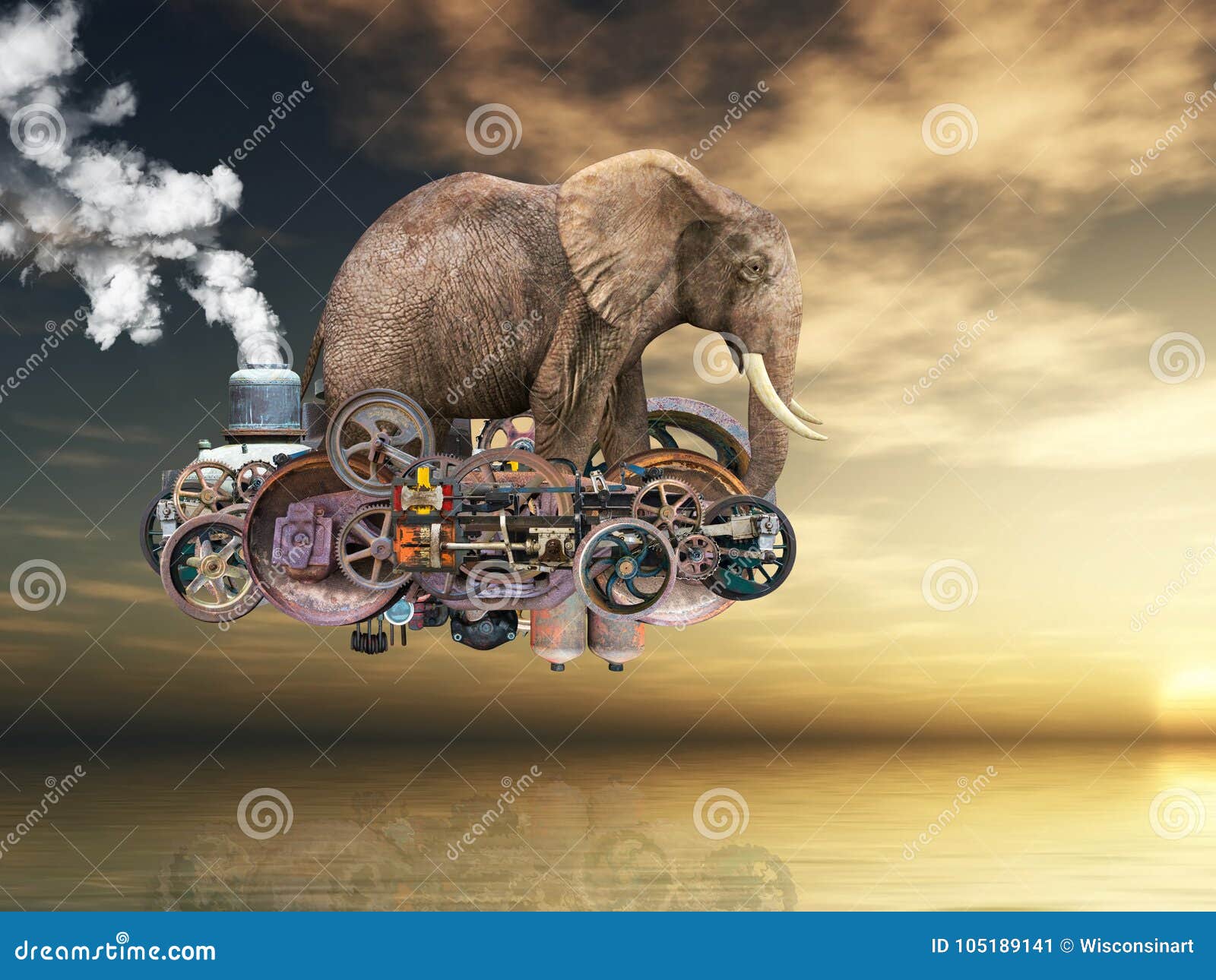 surreal flying steampunk machine, elephant