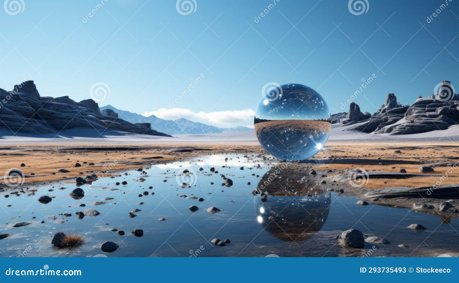 surreal glass ball in empty desert: futuristic 3d landscape with sparkling water reflections