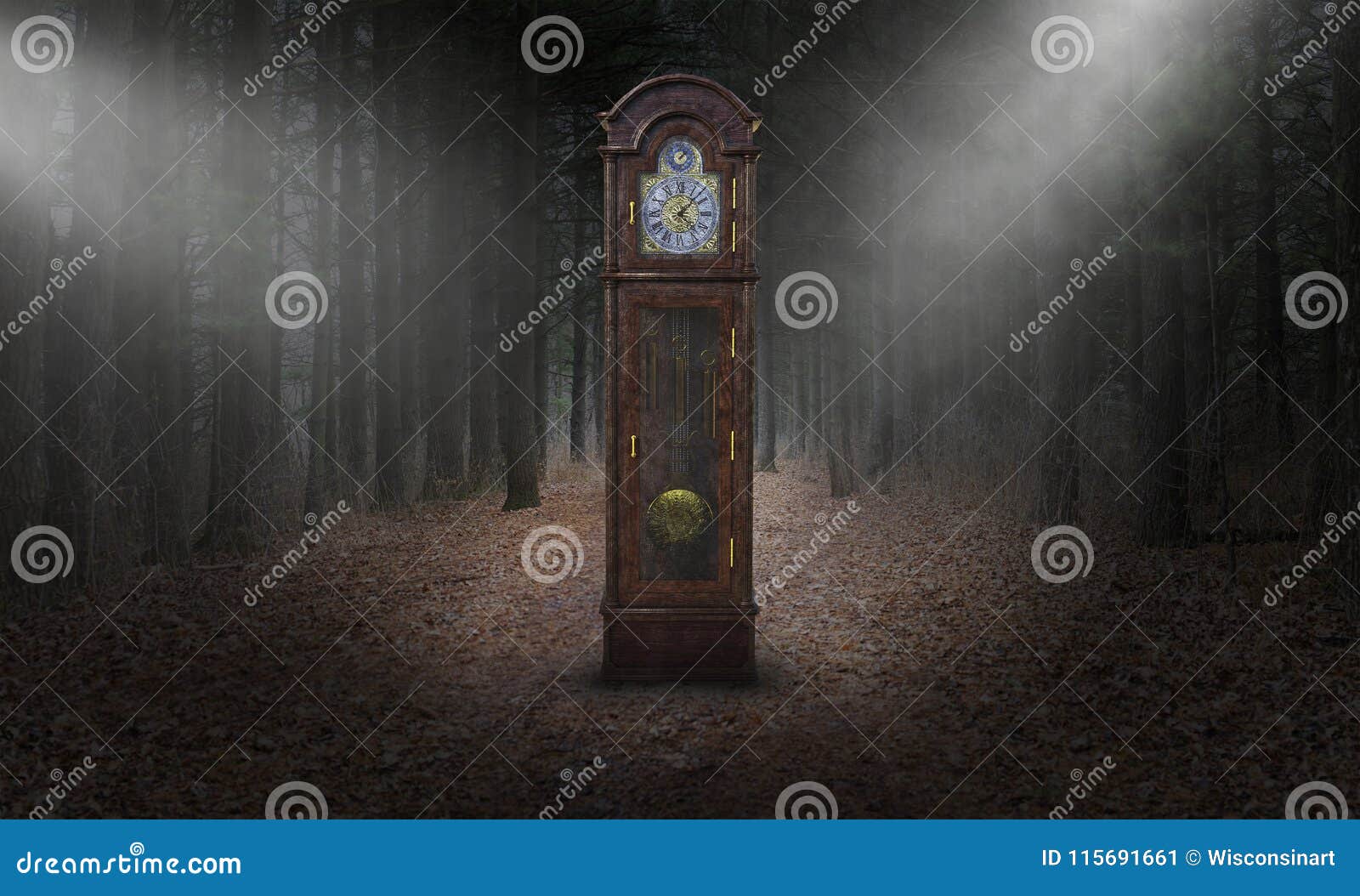 surreal grandfather clock, time, woods, nature