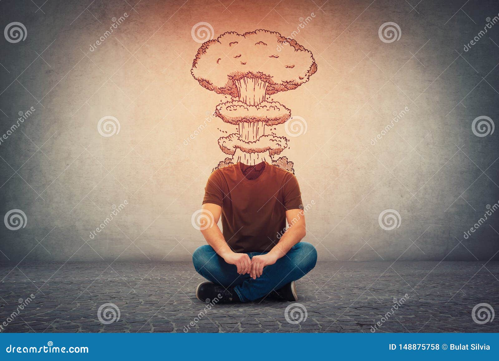 Surreal Guy Invisible Face Seated On The Floor Has Head Explosion