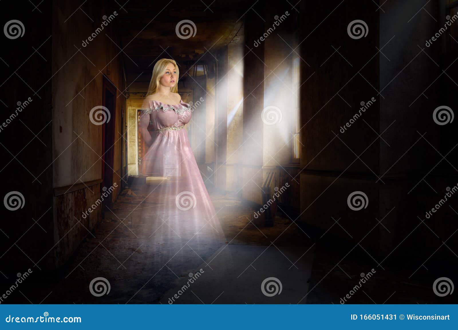 surreal halloween ghost, haunted house, woman