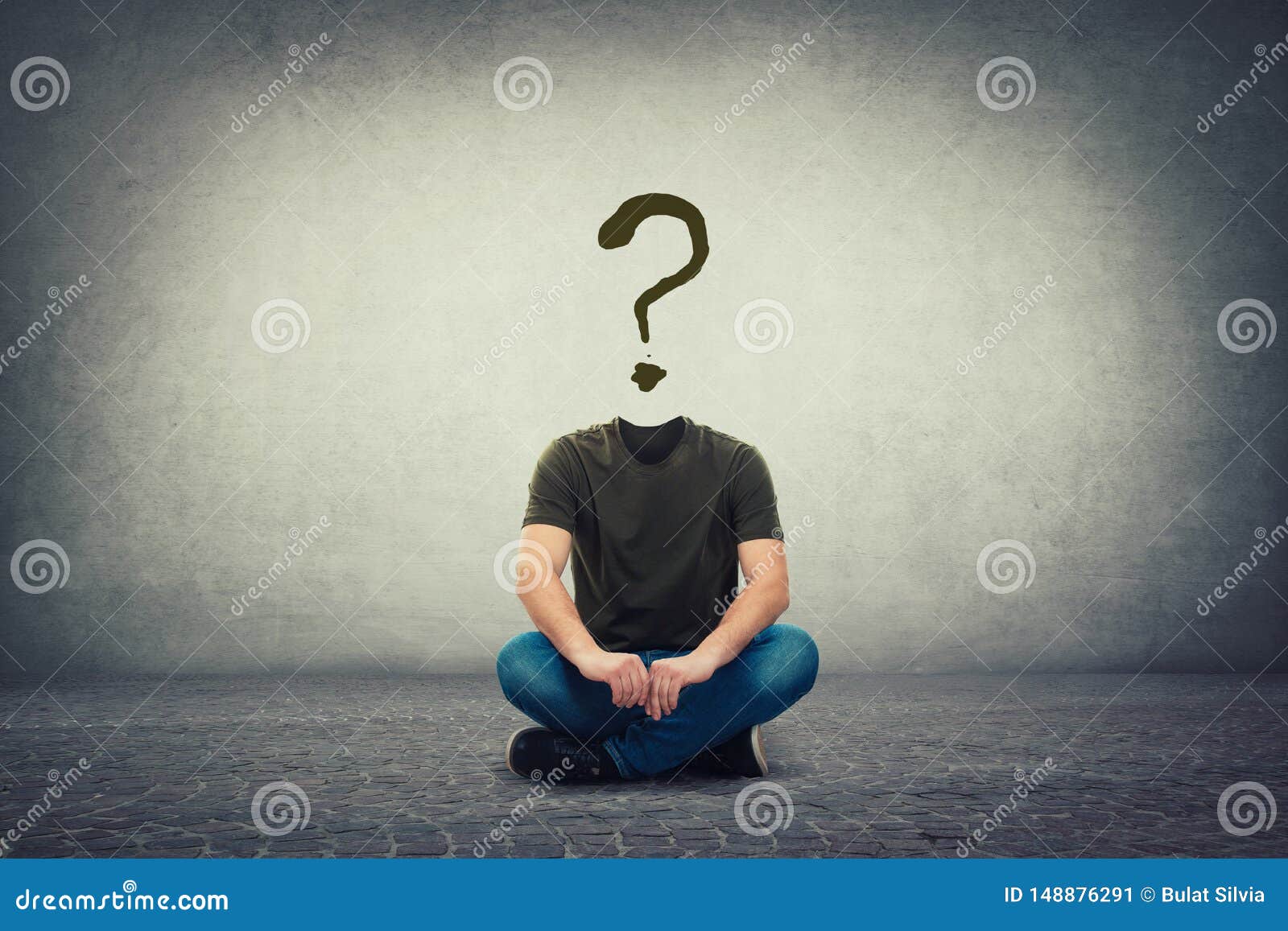 surreal headless guy, invisible face seated on the floor with a question mark instead of head, like a mask, for hiding identity