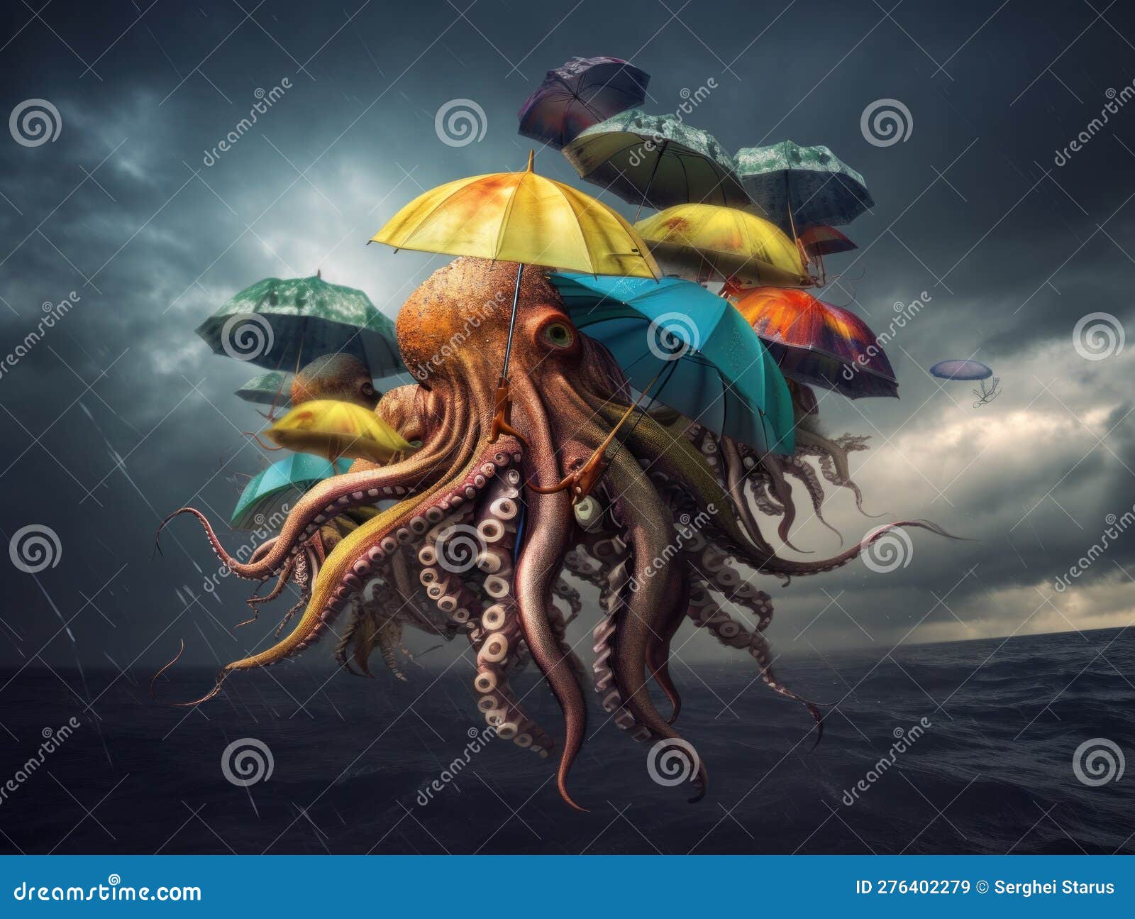 A Surreal Image of Octopus with Umbrellas Floating in the Ocean. AI