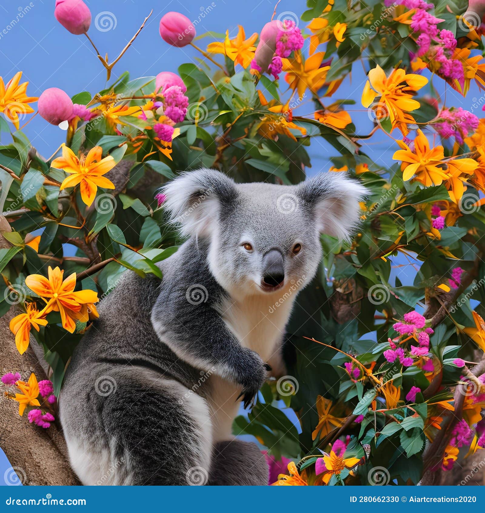 a surreal koala with a tail of blooming flowers, clinging to a whimsical eucalyptus tree4, generative ai