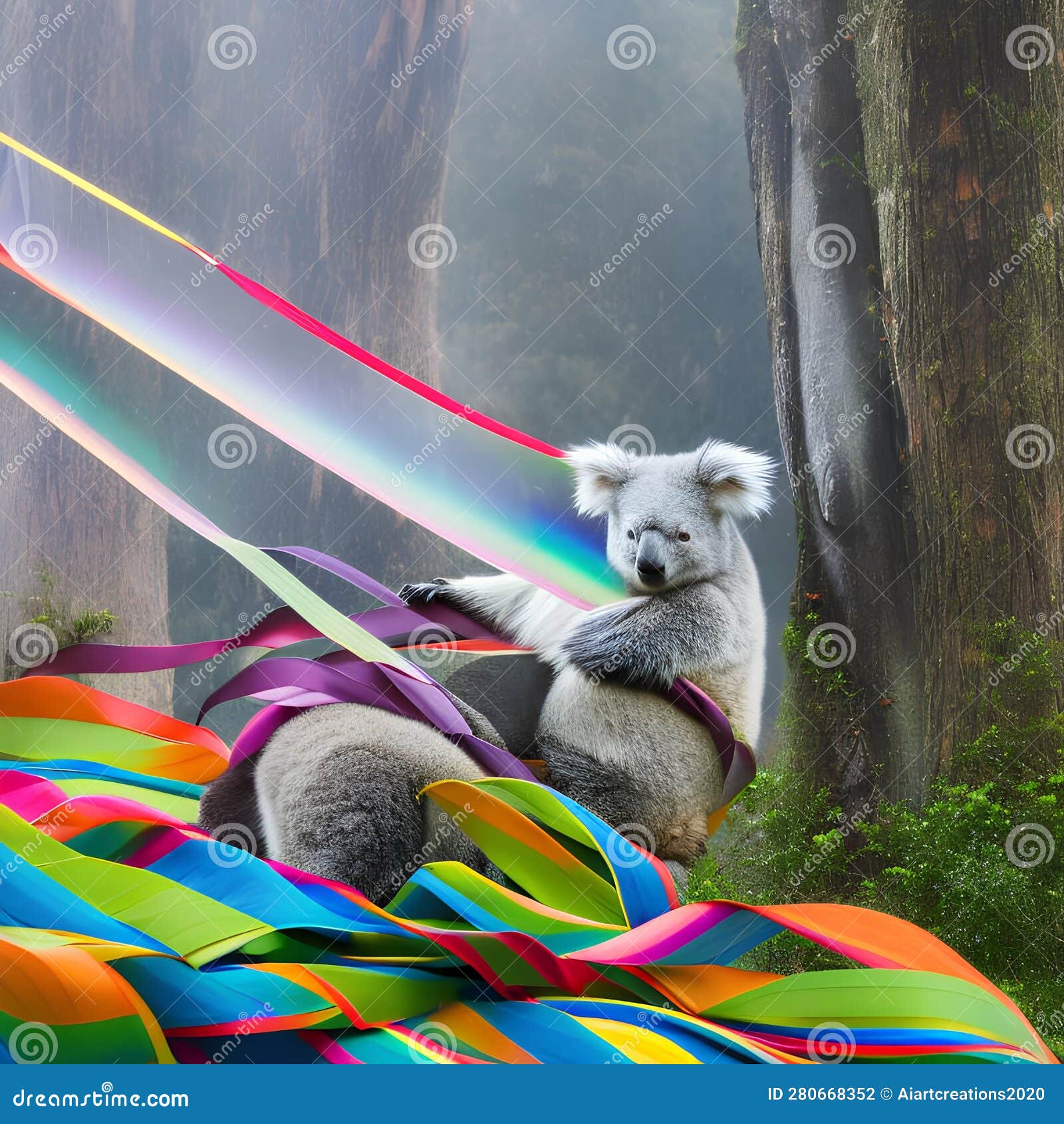 A Surreal Koala with a Tail of Rainbow Ribbons, Clinging To a Fantastical  Eucalyptus Tree4, Generative AI Stock Illustration - Illustration of  eucalyptus, clinging: 280668373