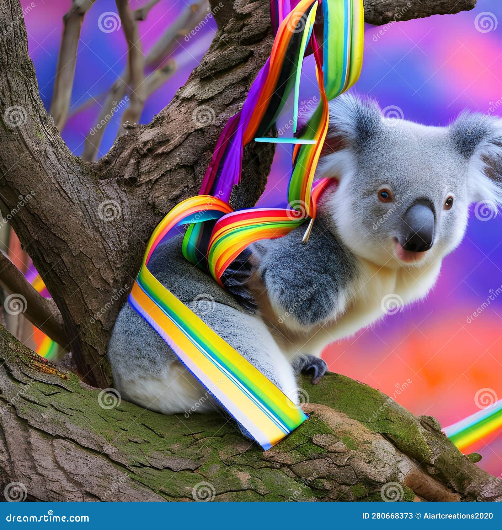 A Surreal Koala with a Tail of Rainbow Ribbons, Clinging To a Fantastical  Eucalyptus Tree4, Generative AI Stock Illustration - Illustration of  eucalyptus, clinging: 280668373