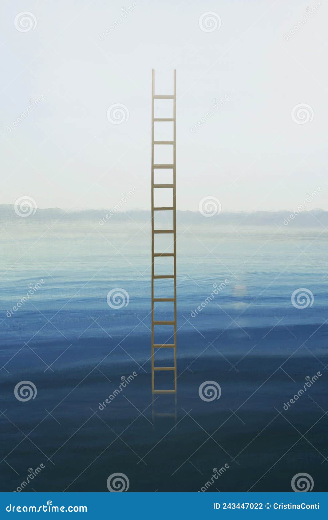 surreal ladder coming out of the sea that goes up to the sky