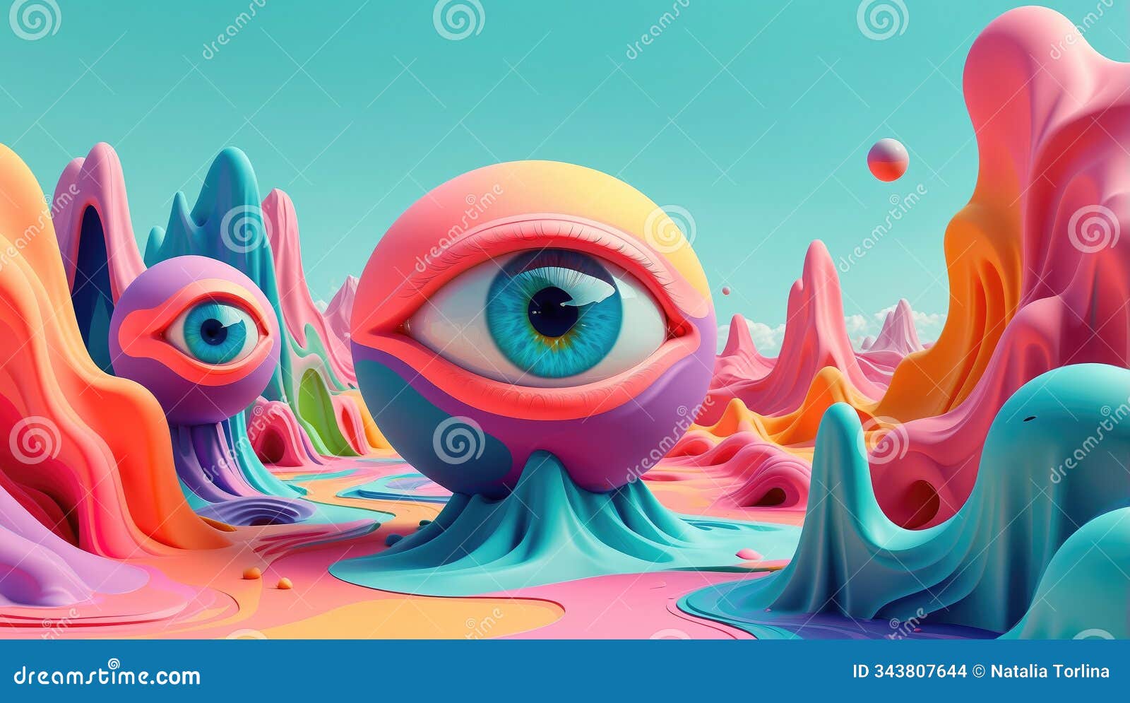 surreal landscape with colorful eye-d structures and abstract mountains in a vibrant setting