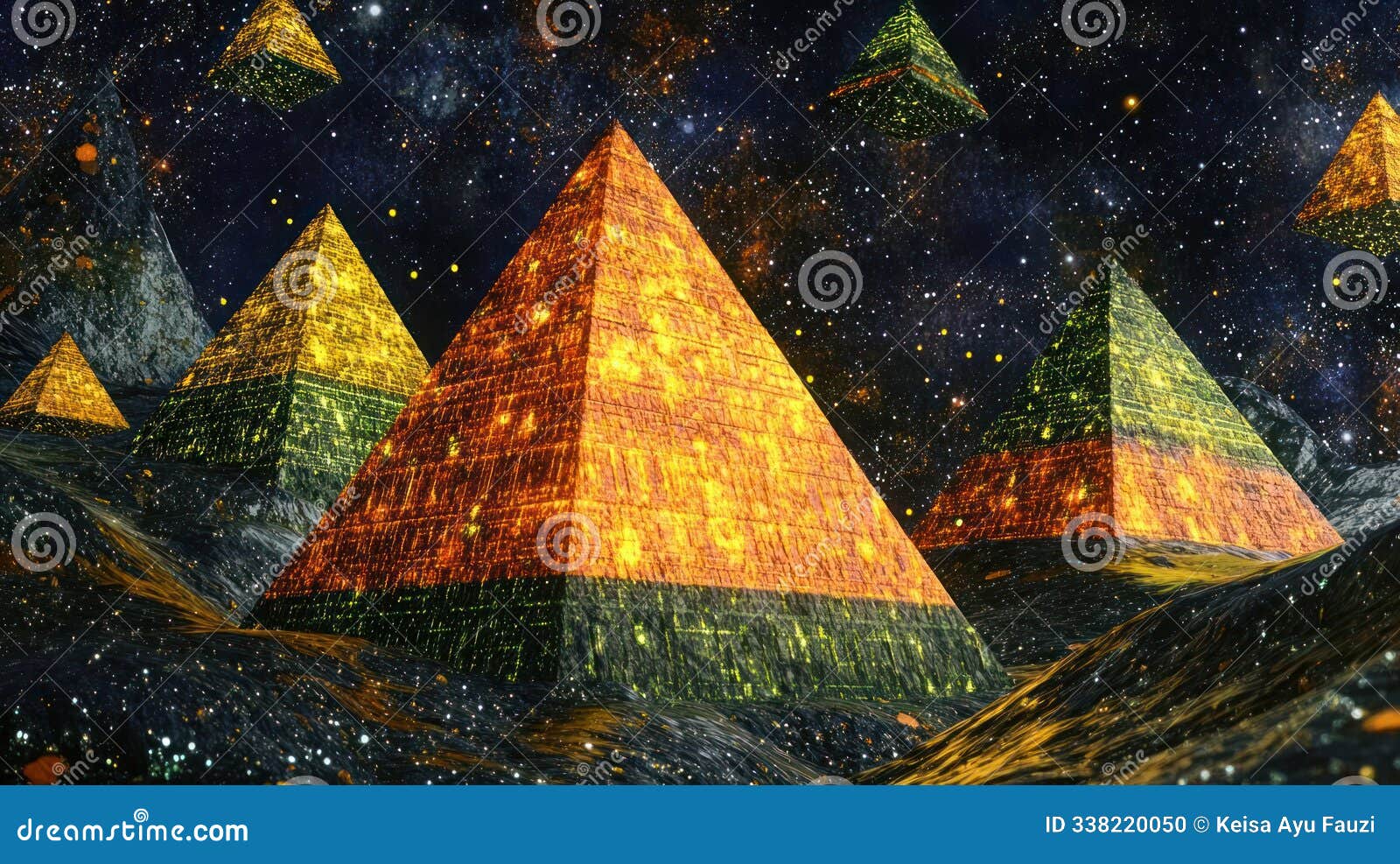 a surreal landscape featuring glowing pyramids set against a cosmic background