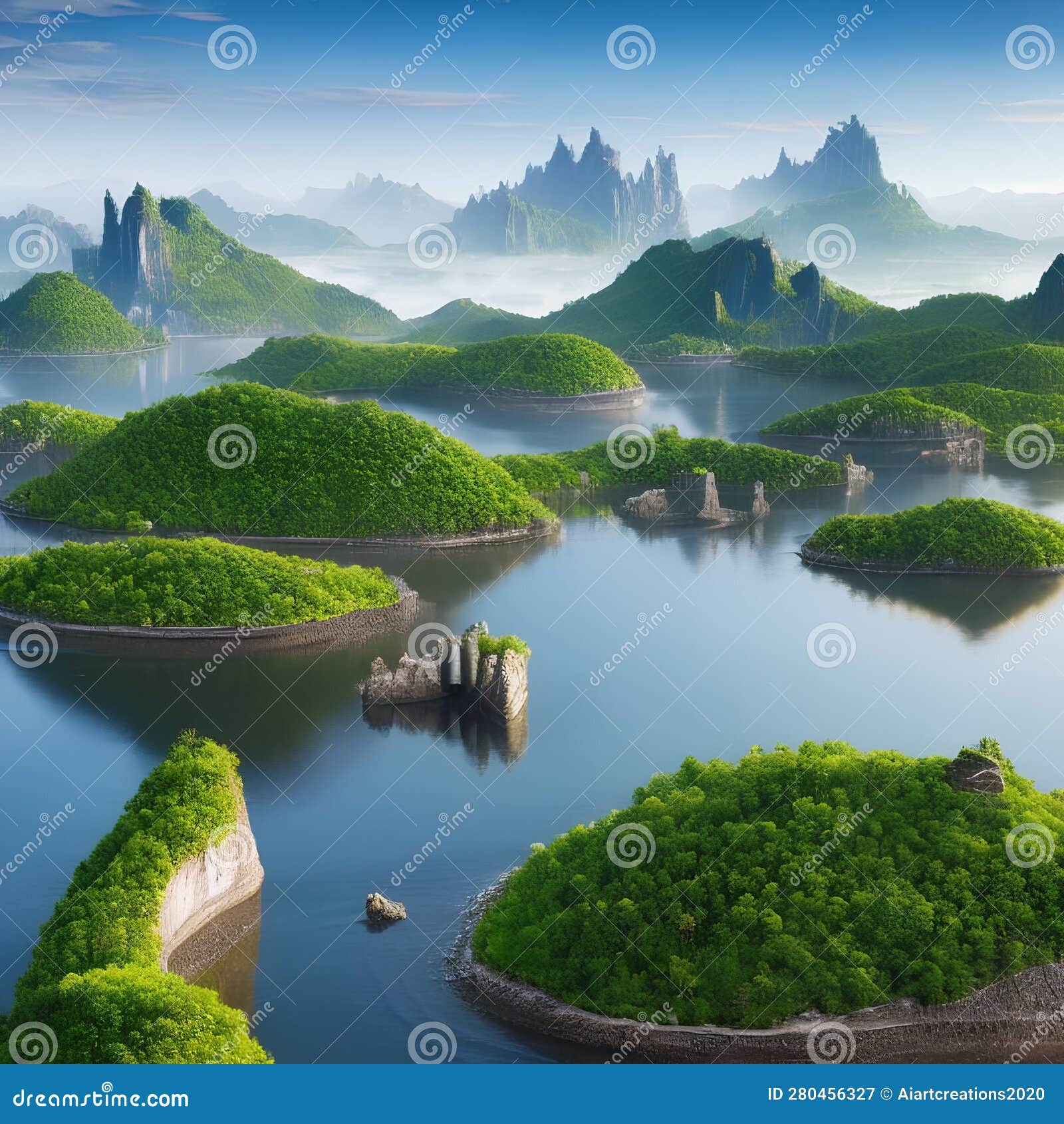 a surreal landscape of floating islands, adorned with mystical ancient ruins and lush greenery3, generative ai