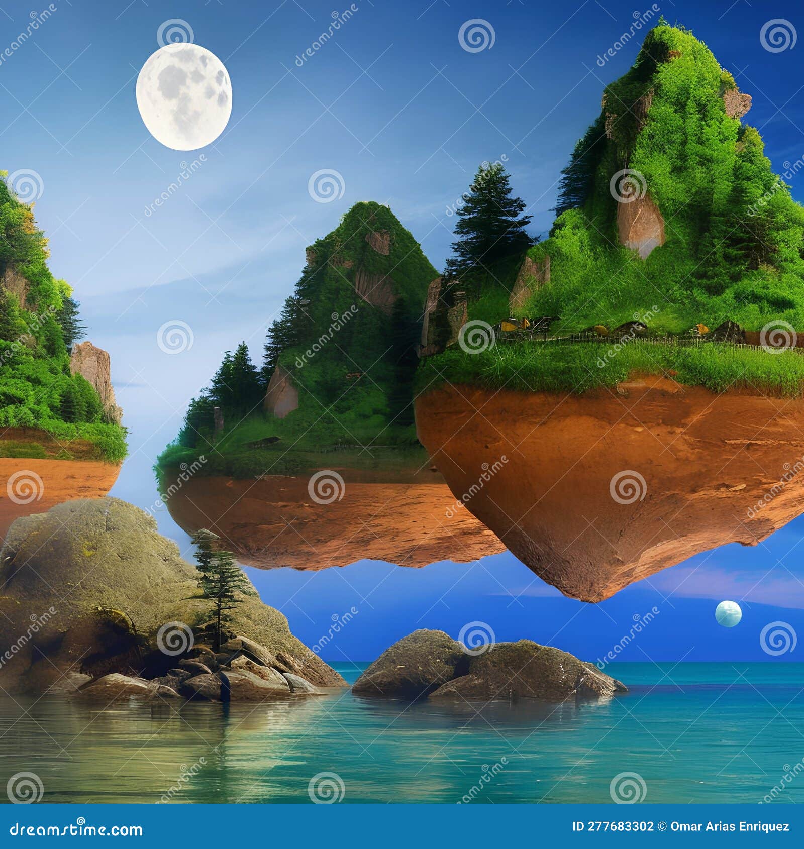 a surreal landscape with floating islands and a giant moon in the sky5, generative ai