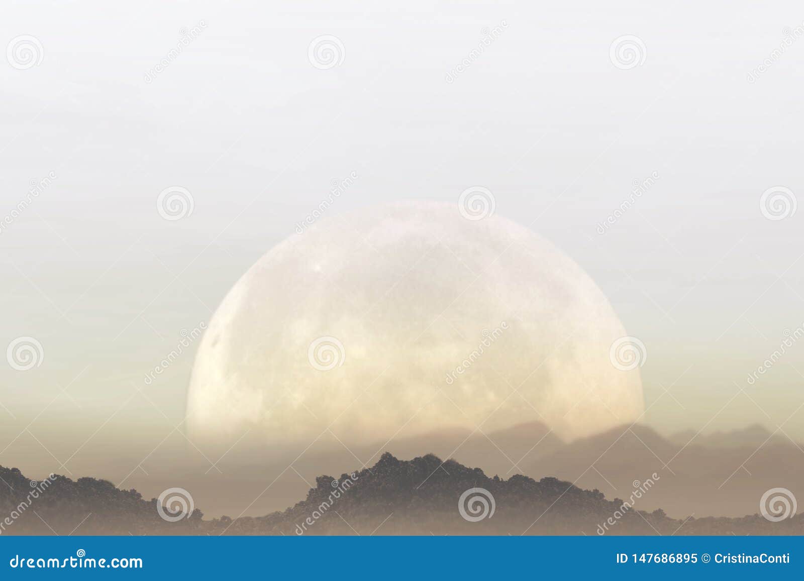 surreal landscape of a gigantic moon that illuminates the mountains