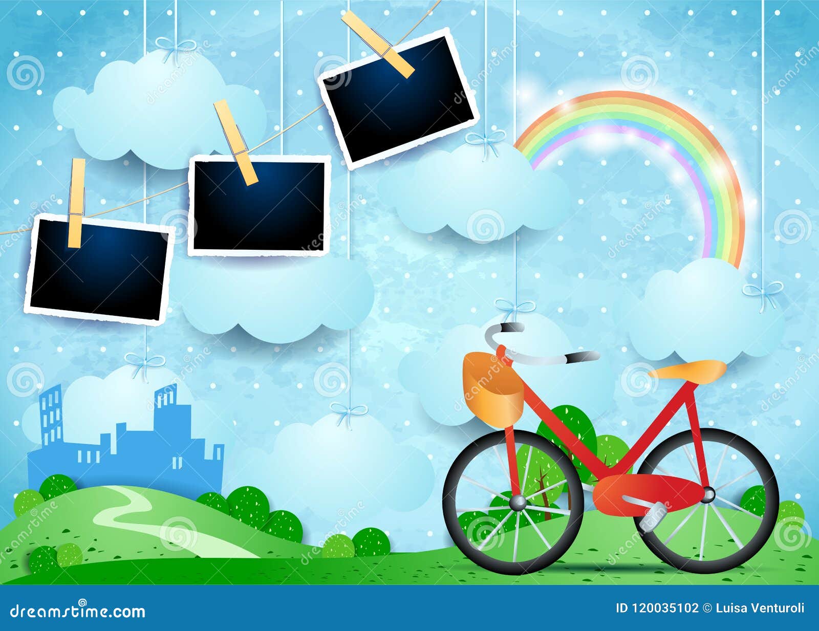 Surreal landschap met kleine stad, fiets en fotokaders Vector illustratie EPS10