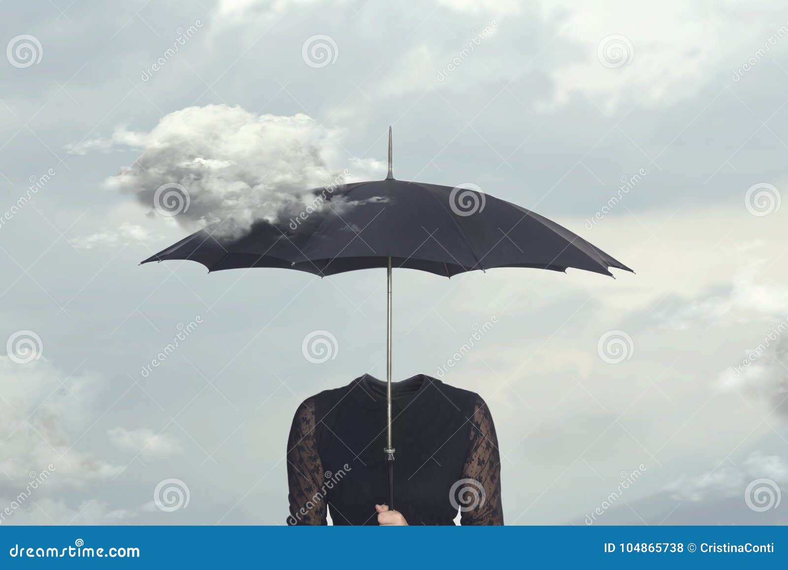 surreal moment of a cloud caressing the umbrella of a headless woman