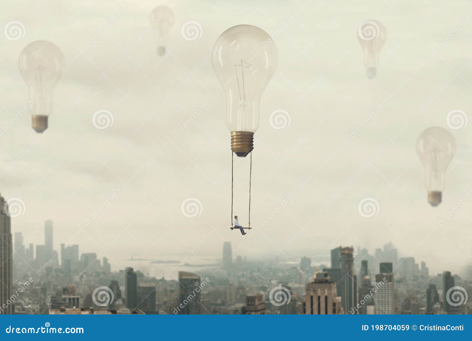 surreal moment of a woman traveling on a swing carried by a light bulb over a metropolis