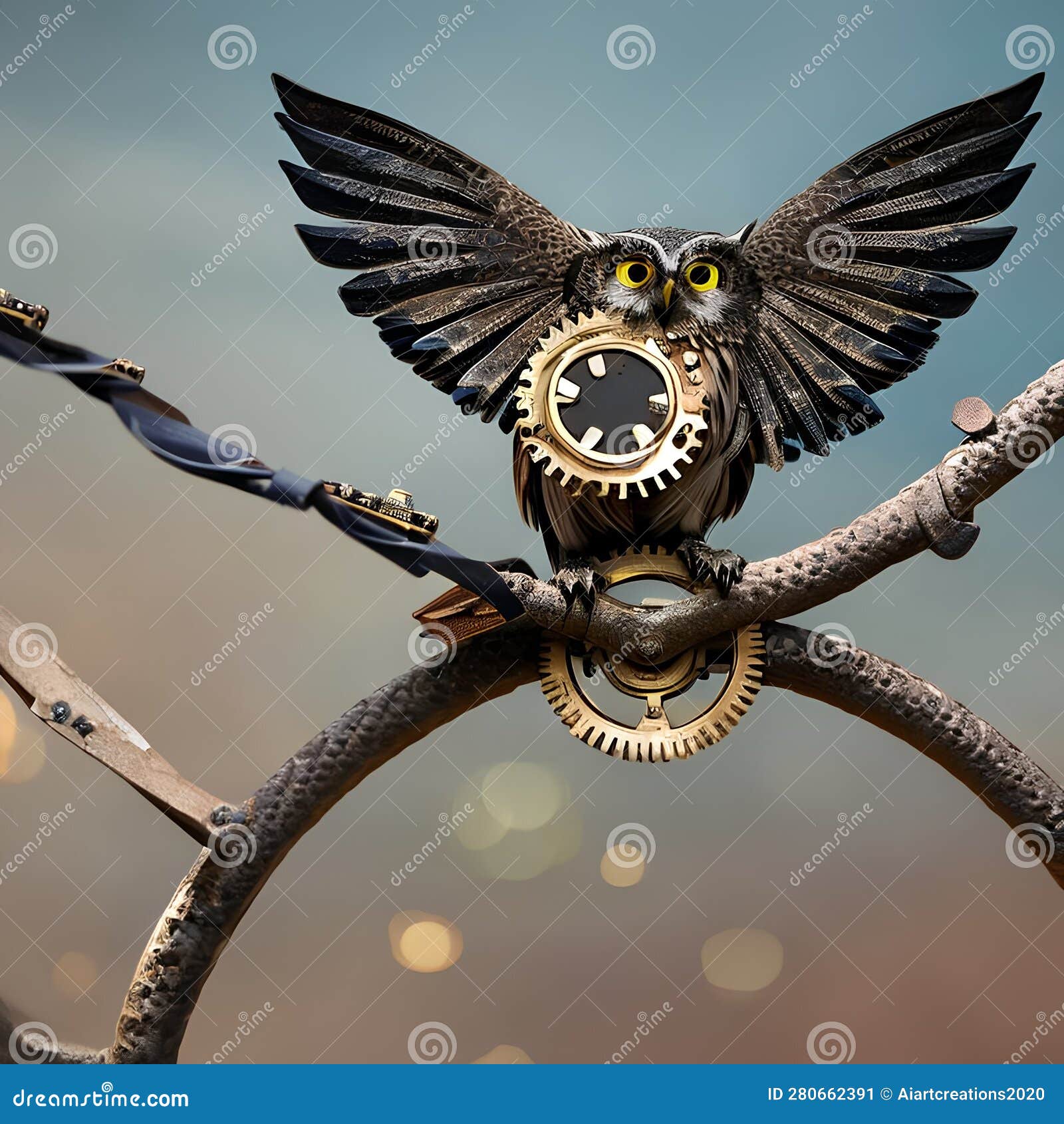 a surreal owl with wings made of clockwork gears, perched on a metallic branch in a steampunk-inspired landscape5, generative ai