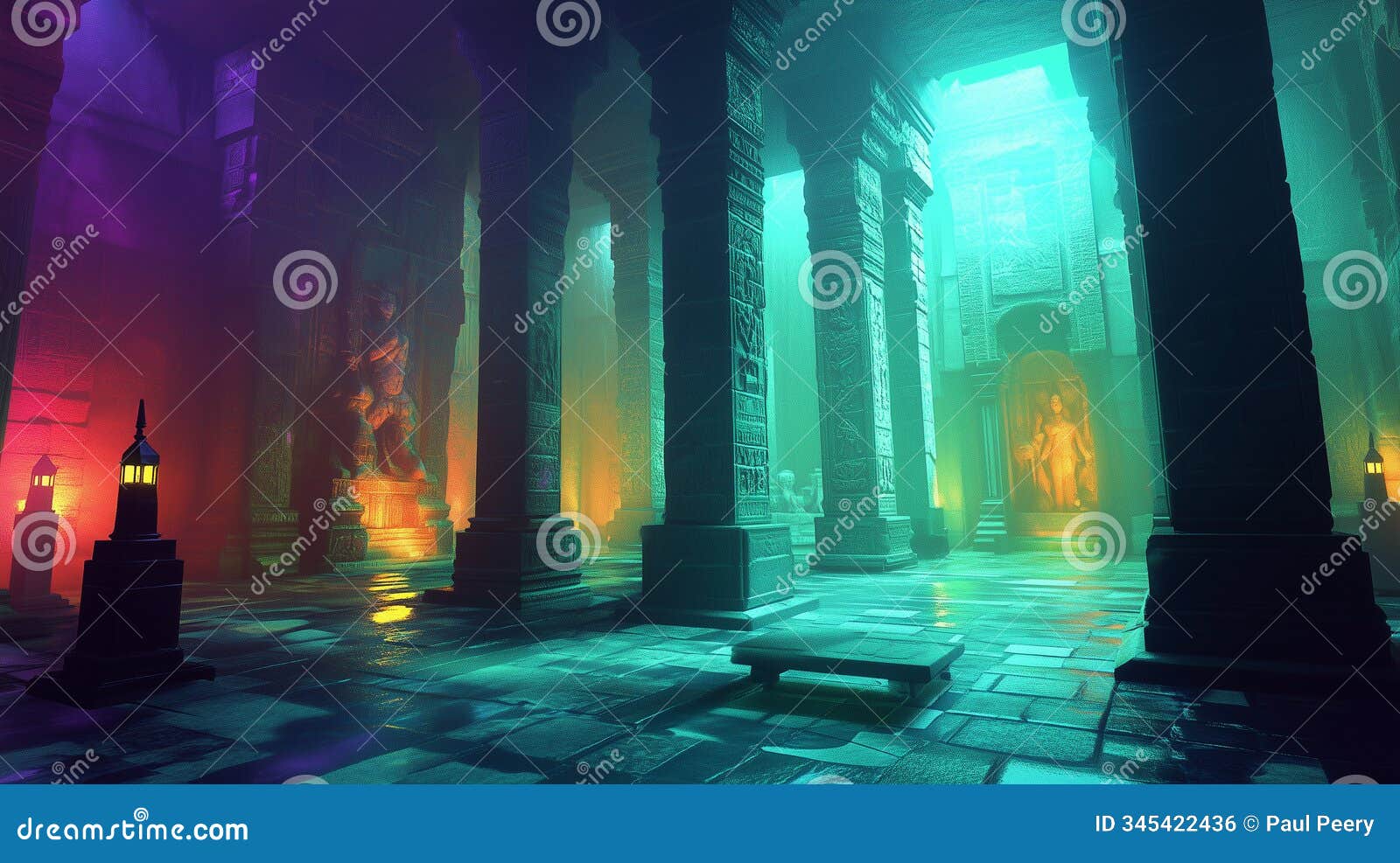 ancient temple columns mystical lanterns and ethereal statues in dreamlike hues