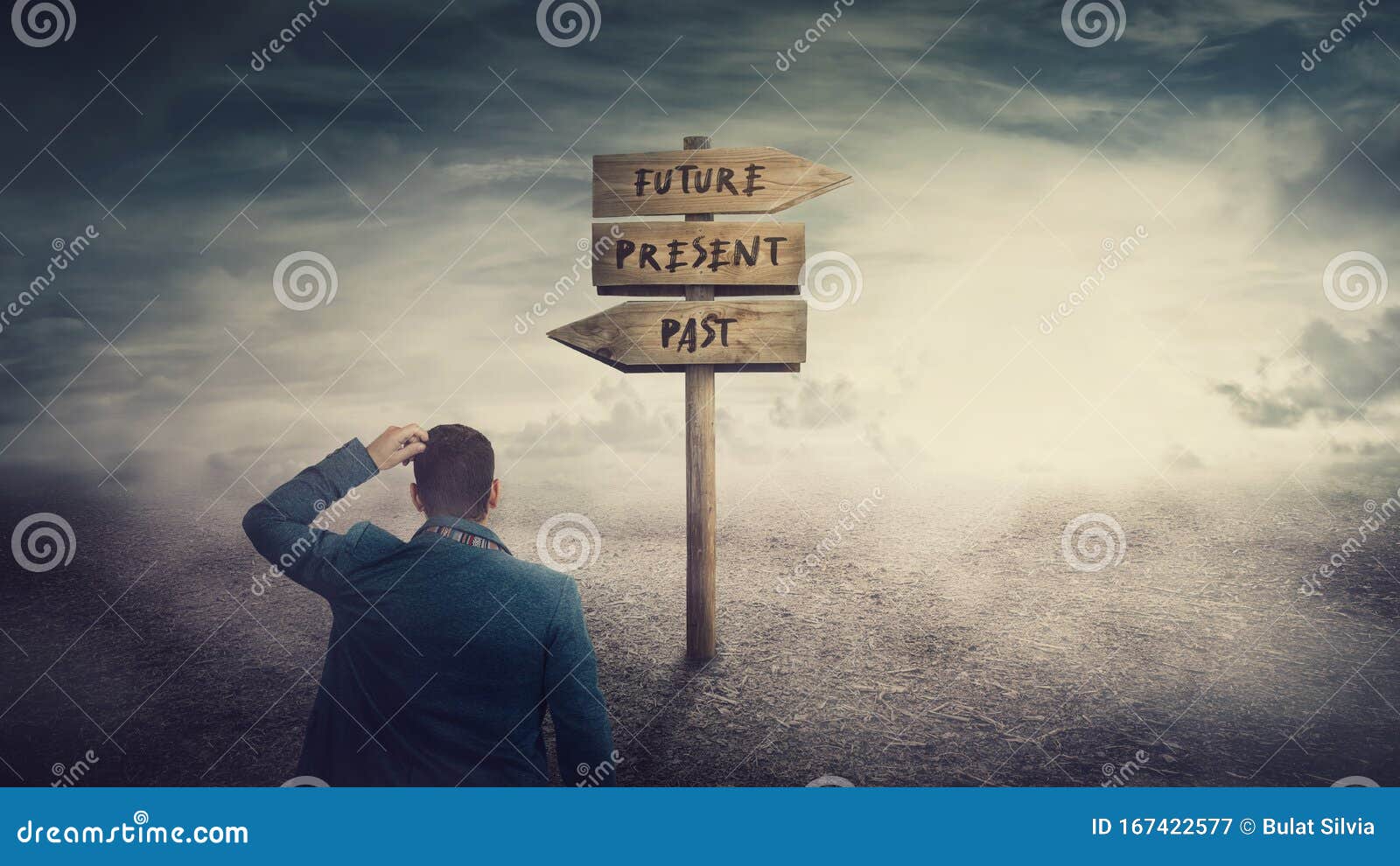 surreal scene, businessman and a signpost arrows showing three different options, past, present and future course. choose journey