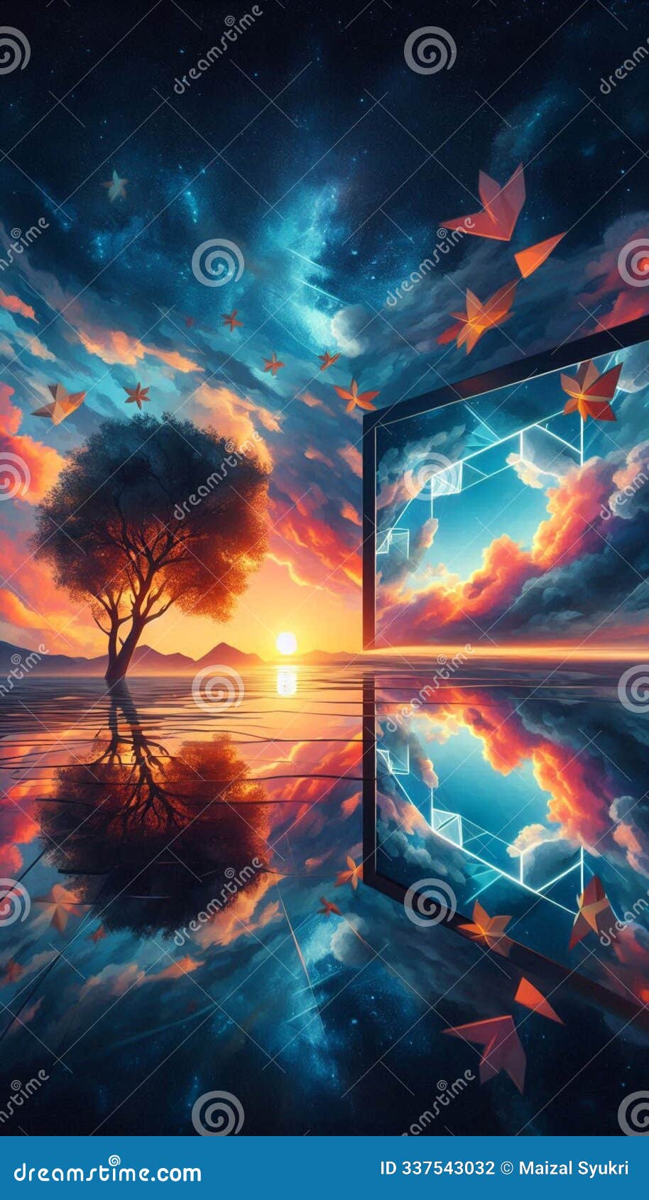 surreal scene of sunset over a large mirror creating illusion of two worlds with tree silhouettes
