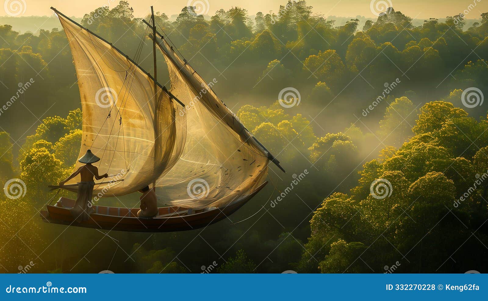 surreal fisherman sailing above lush forest canopy