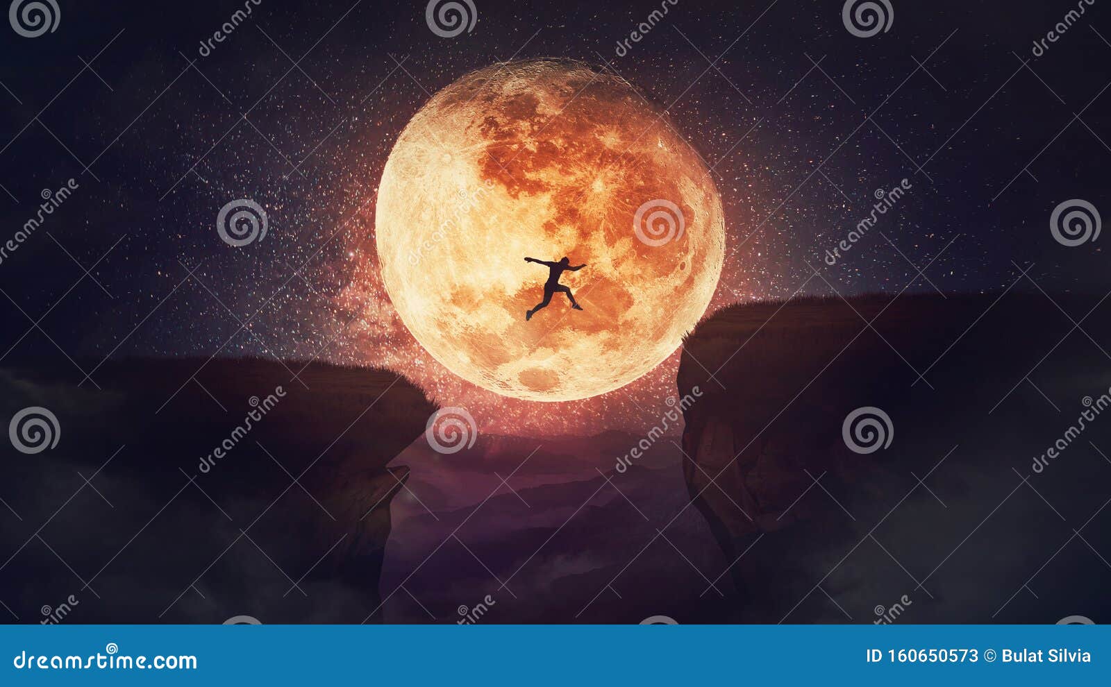 surreal scene, self overcome concept, as determined man jump over a chasm obstacle. way to win and success over starry night with