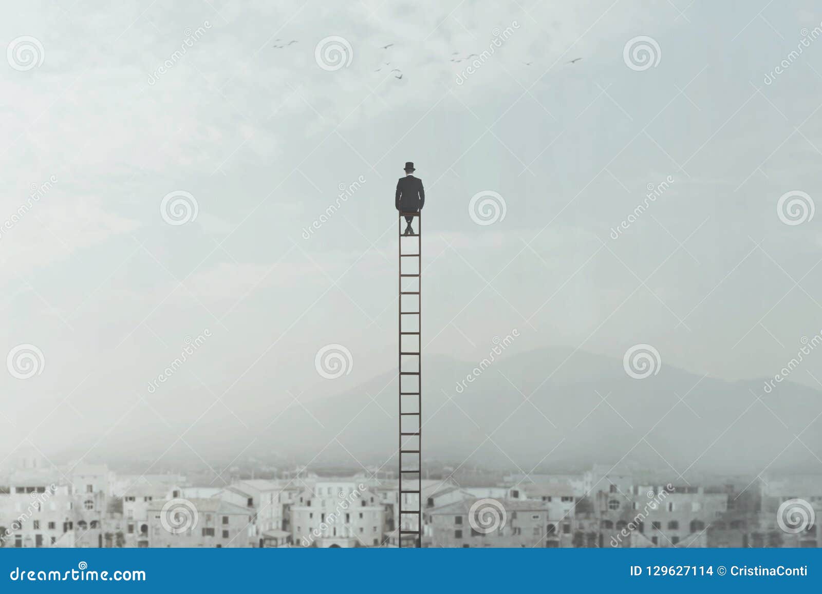 business man dominates the city sitting on a long ladder