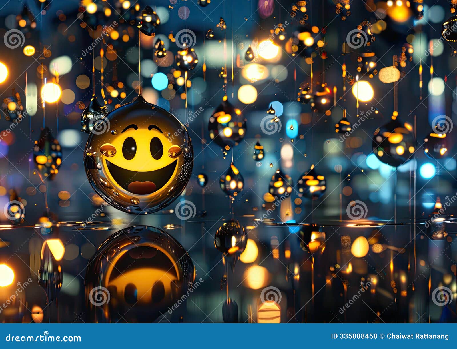 surreal tears of joy emoji: bittersweet night city reflection in hyperrealistic 3d rendering