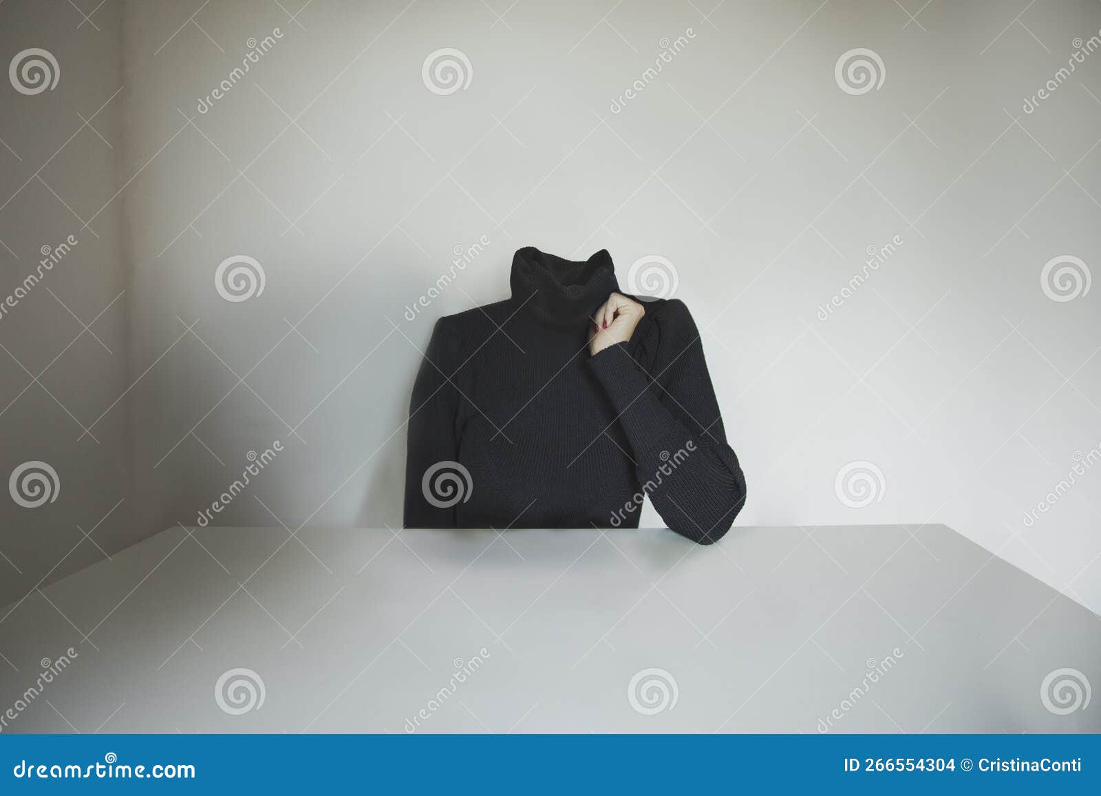 Surreal Thoughtful Headless Person Sitting at a Table, Identity Crisis