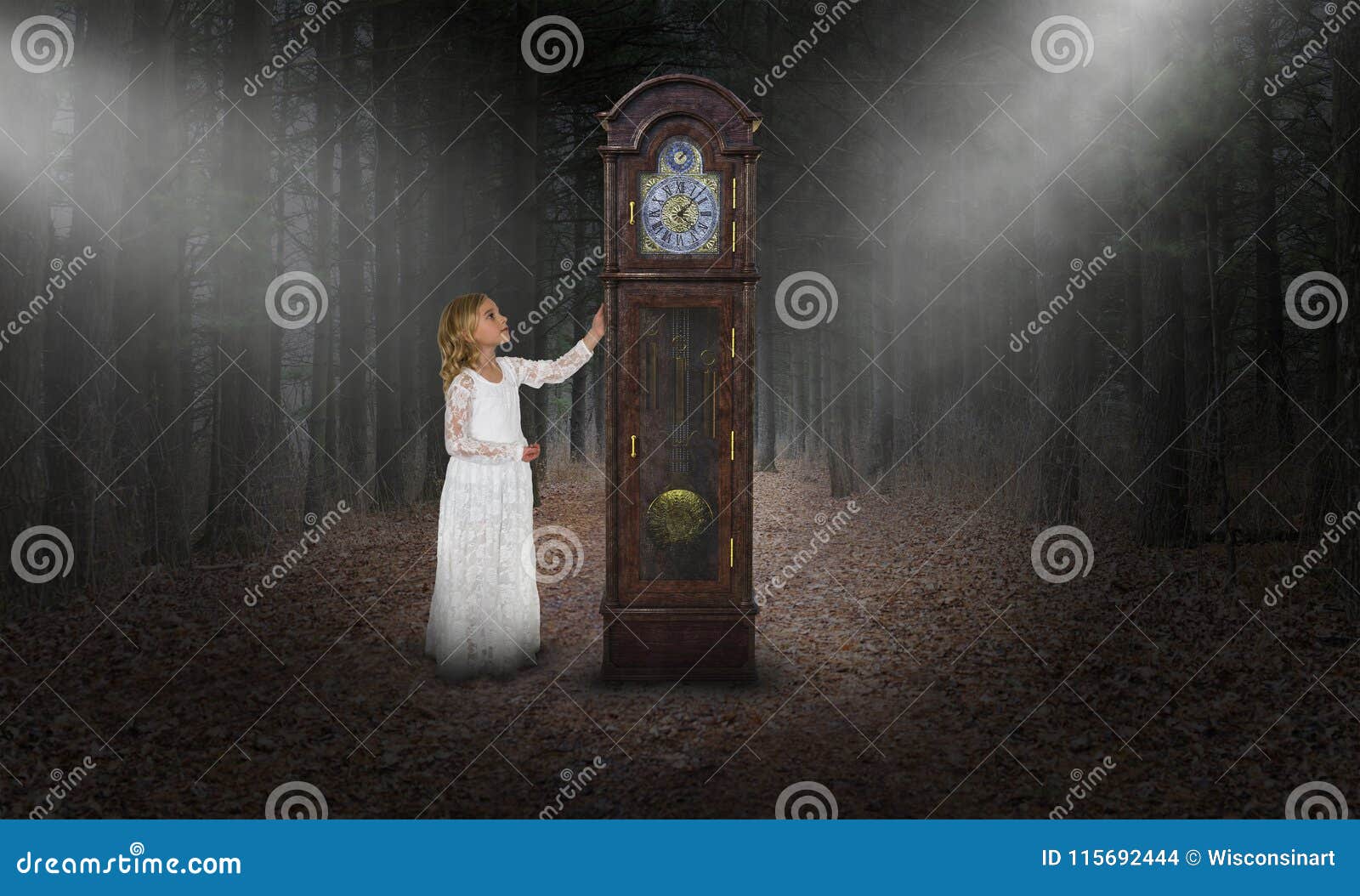 surreal time, grandfather clock, girl