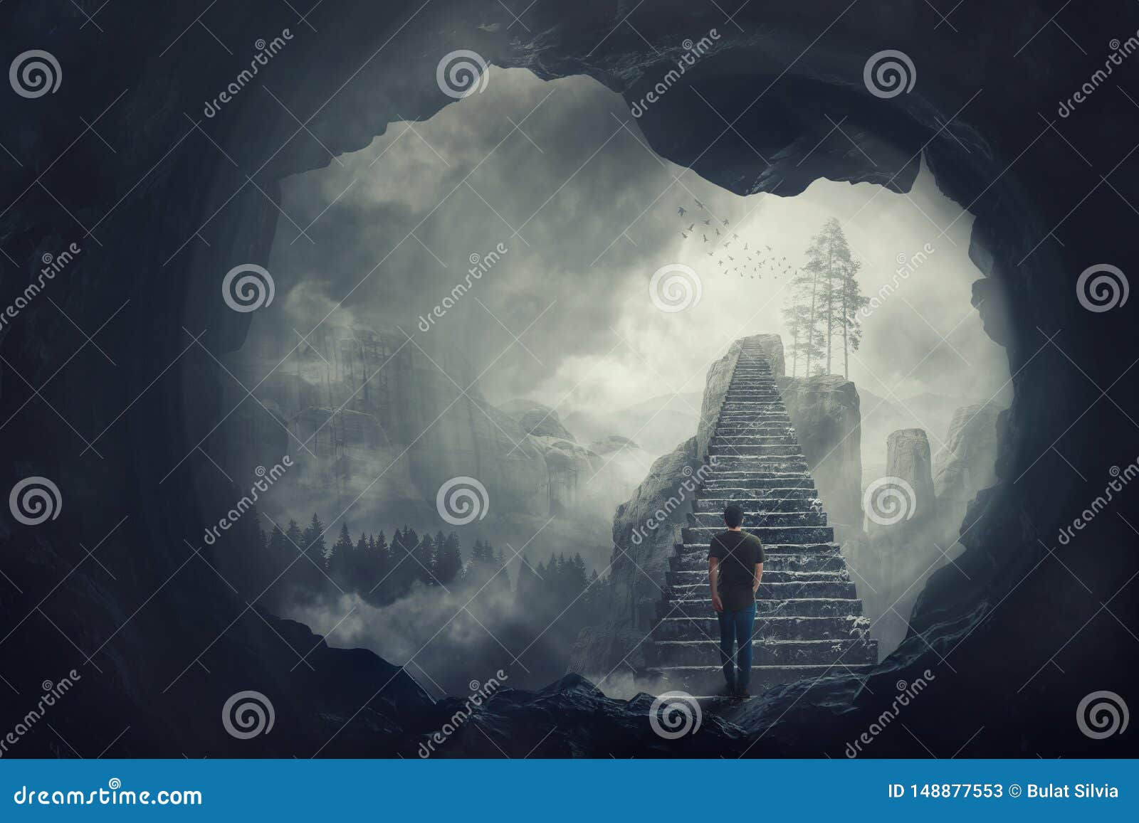 surreal view as a man escape from a dark cave climbing a mystic stairway crossing the misty abyss going up to unknown paradise