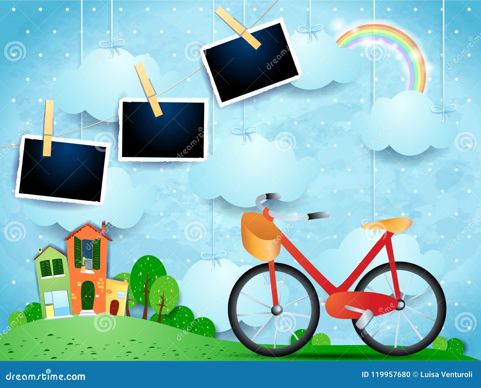 Surreale Landschaft Mit Fahrrad Und Hangenden Fotorahmen Vektor Abbildung Illustration Von Haus Grun