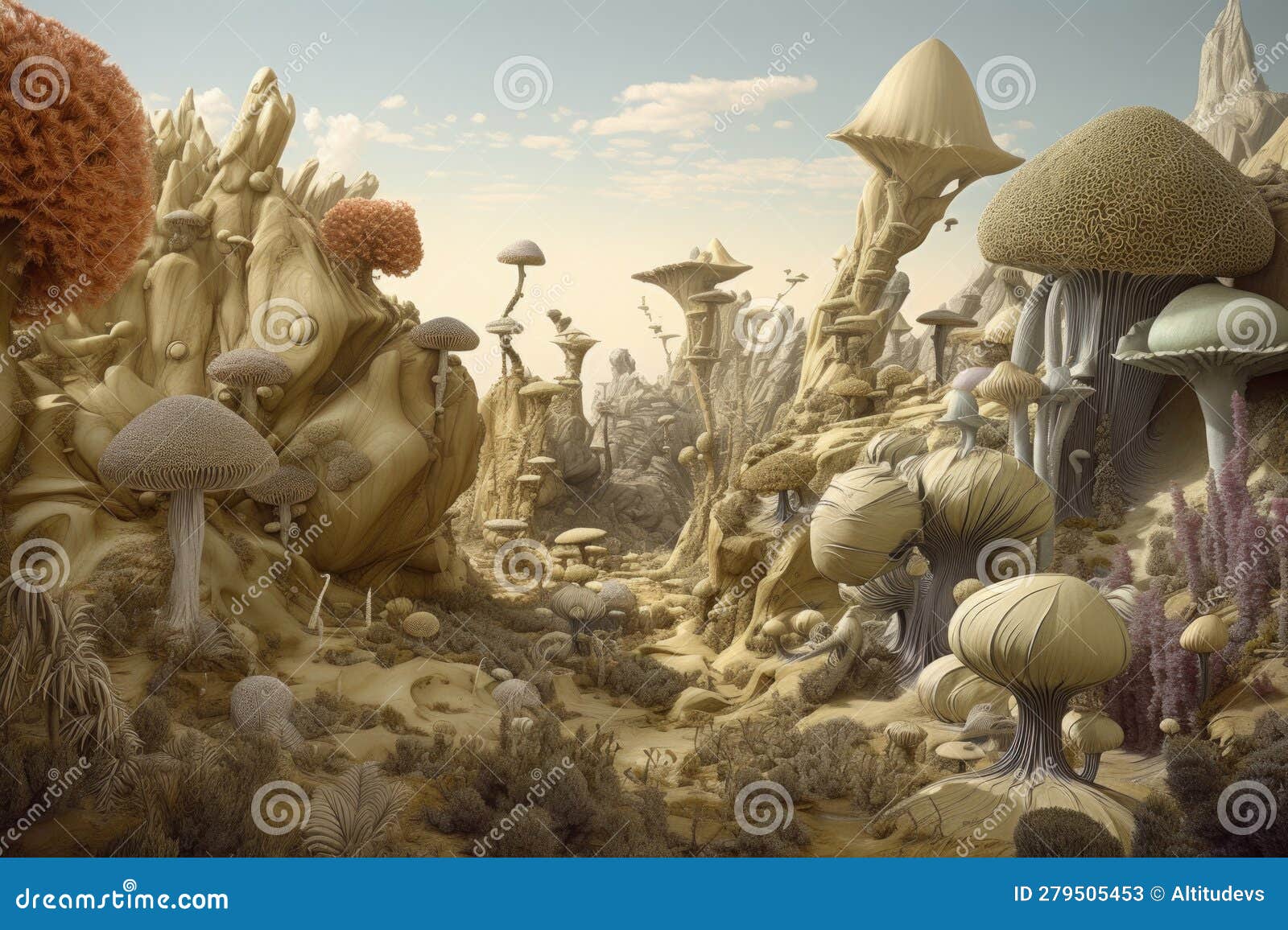 surrealist landscape, with bizarre and otherworldly lifeforms roaming