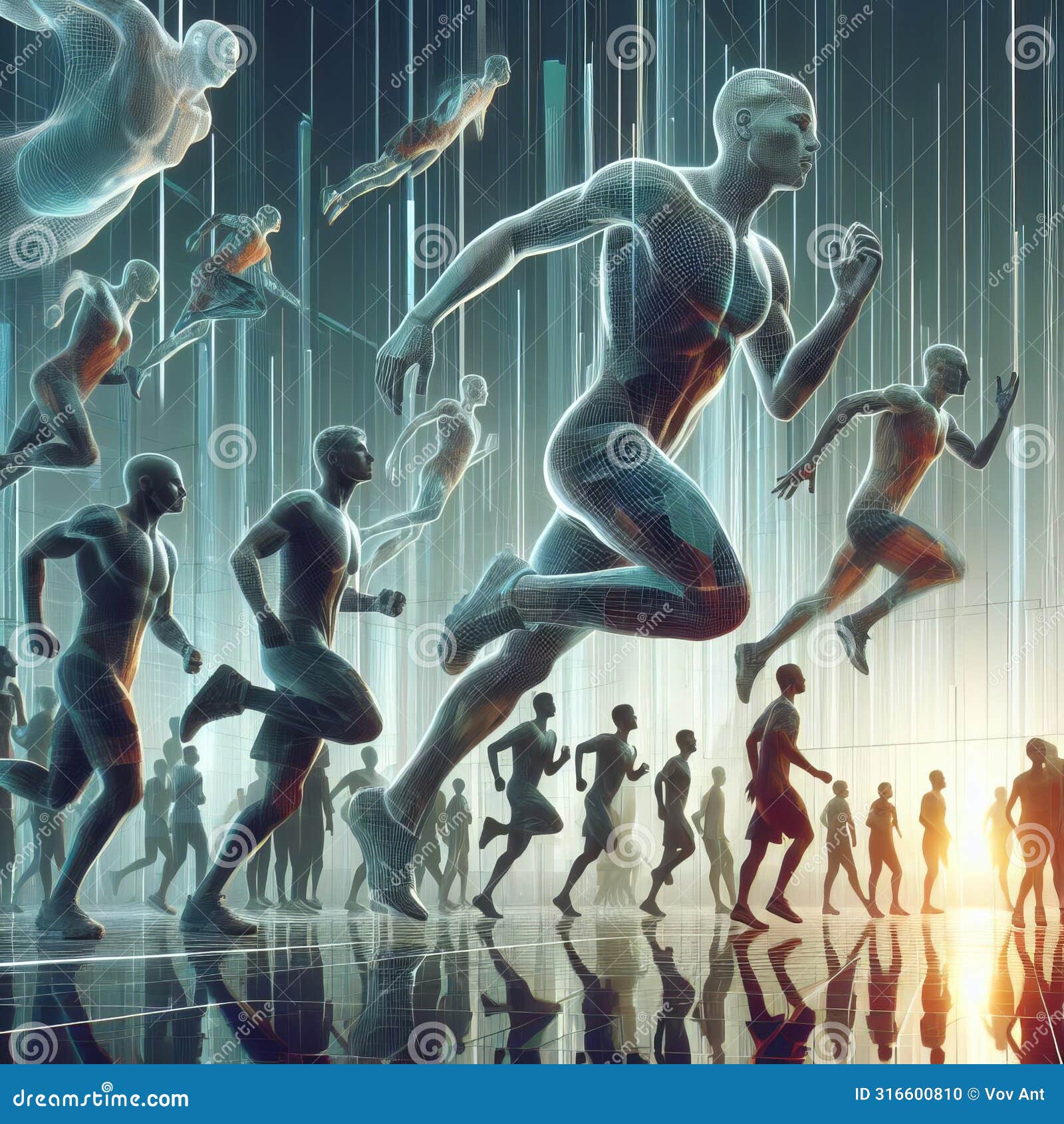 a surrealistic hologram display of athletes transformed into a