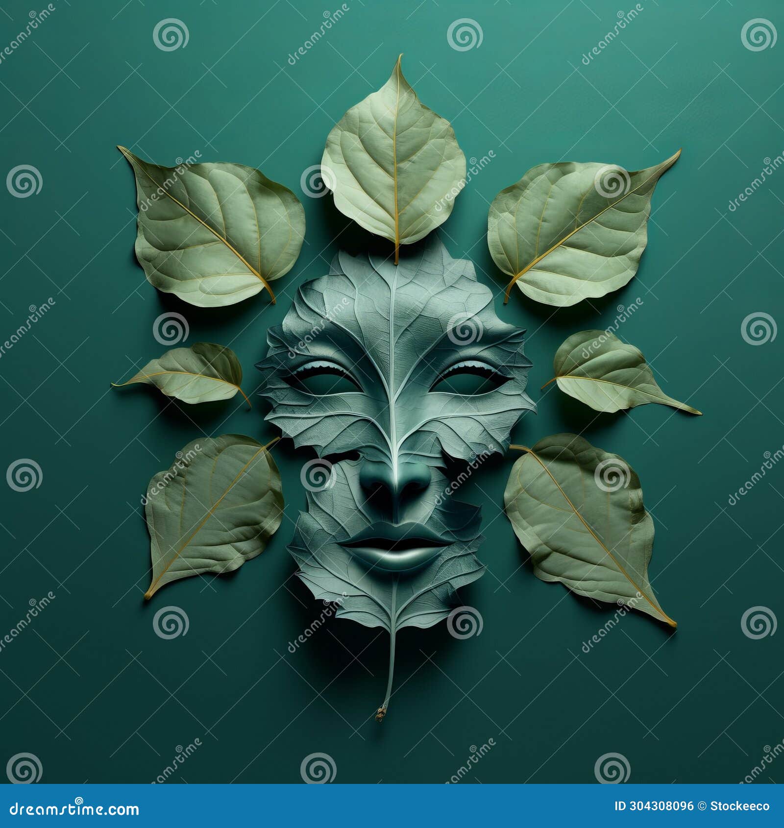 surrealistic leaf face: eco-friendly bio-art in dark cyan and gray
