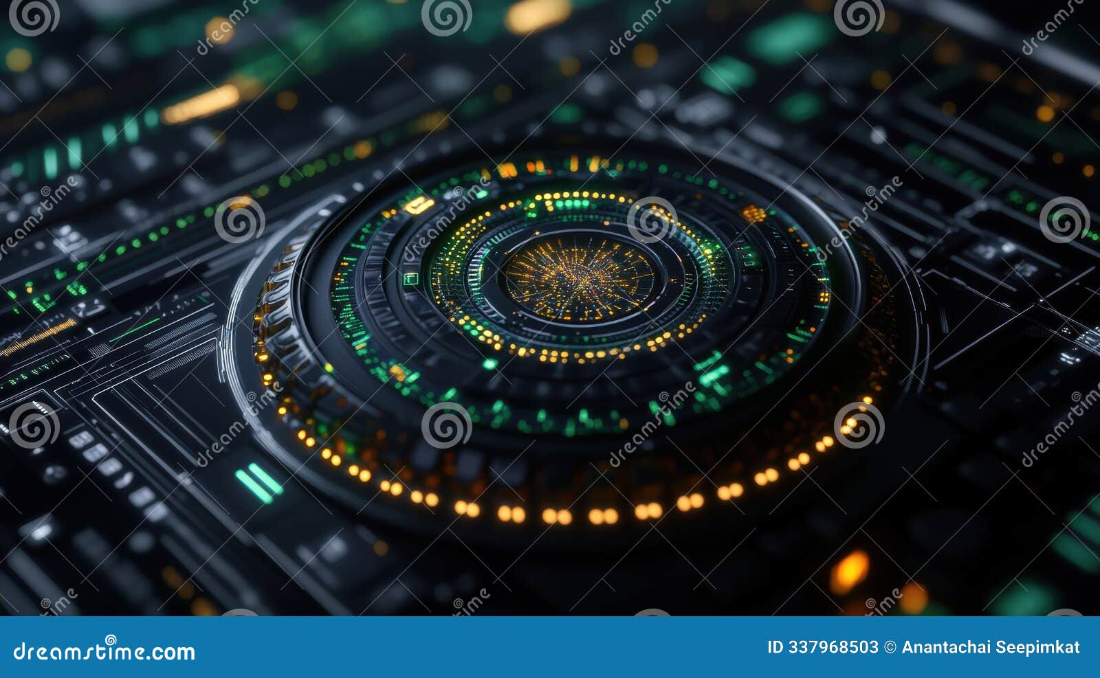 surrounded by glowing circuitry and complex components, a highly detailed digital core epitomizes cutting-edge technology.