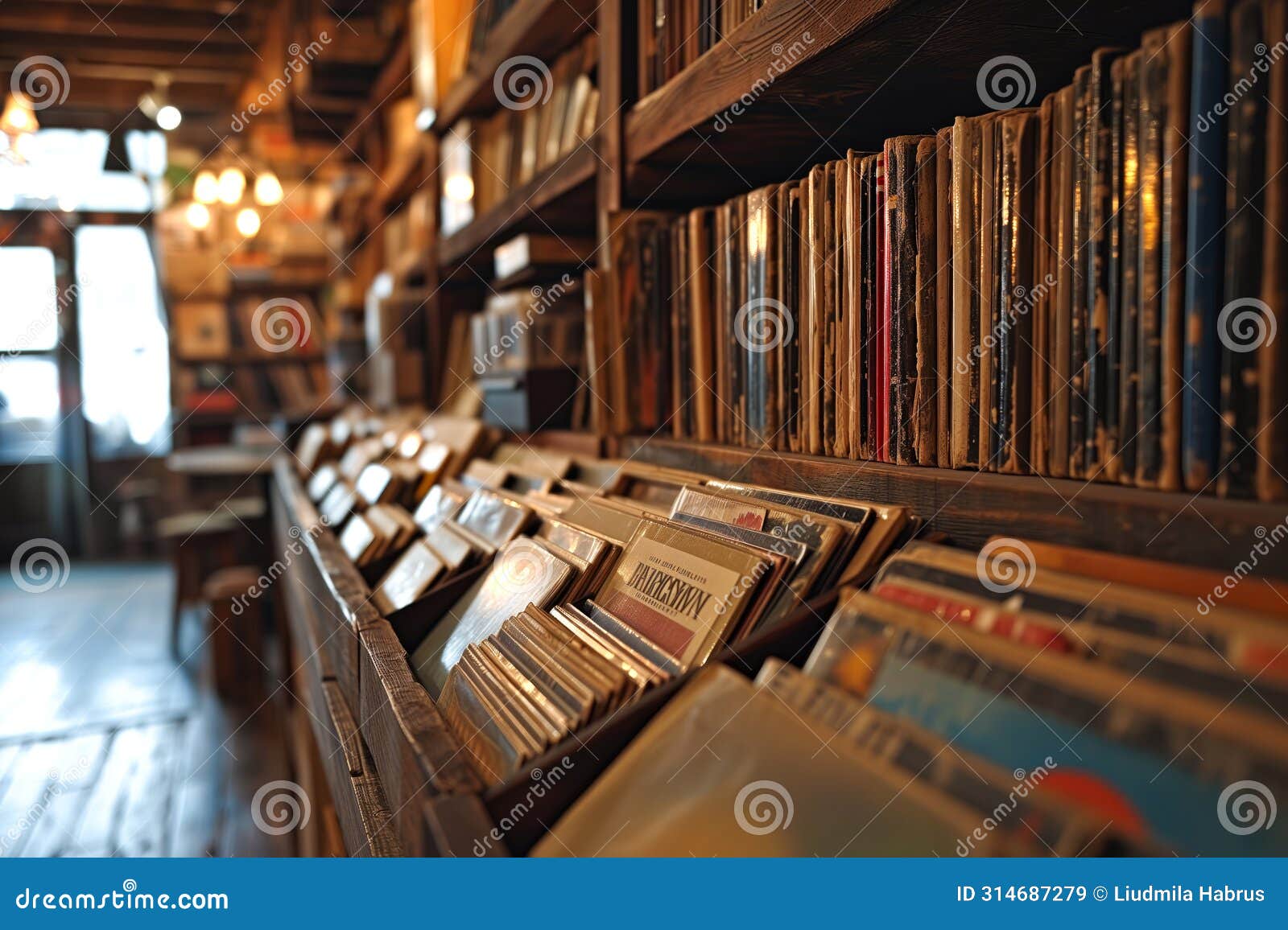 surrounded by shelves lined with vinyl records, a music aficionado flips through a collection of vintage albums.